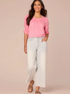 Ruched Elbow Sleeve Scoop Neck Dot Print Knit Top