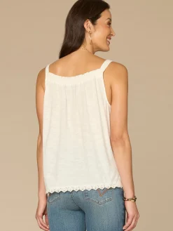 Ruched Square Neck Embroidered Scallop Edge Woven Petite Tank Top
