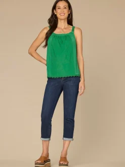 Ruched Square Neck Embroidered Scallop Edge Woven Petite Tank Top