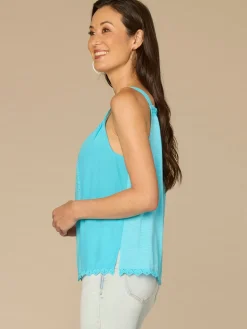 Ruched Square Neck Embroidered Front Scallop Edge Woven Tank Top