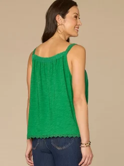 Ruched Square Neck Embroidered Front Scallop Edge Woven Tank Top
