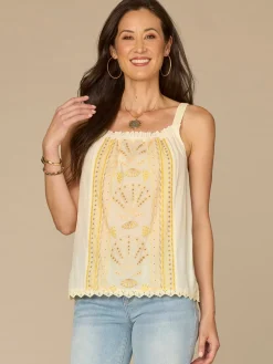 Ruched Square Neck Embroidered Front Scallop Edge Woven Tank Top