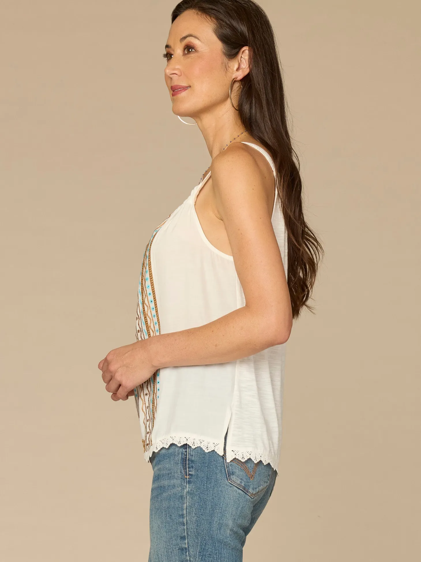 Ruched Square Neck Embroidered Front Scallop Edge Woven Tank Top