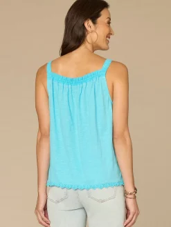 Ruched Square Neck Embroidered Front Scallop Edge Woven Tank Top