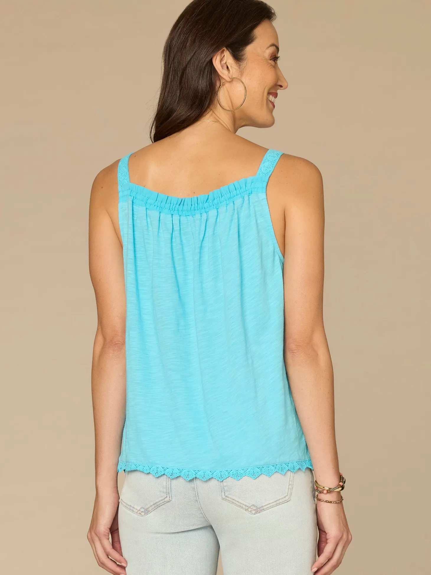 Ruched Square Neck Embroidered Front Scallop Edge Woven Tank Top