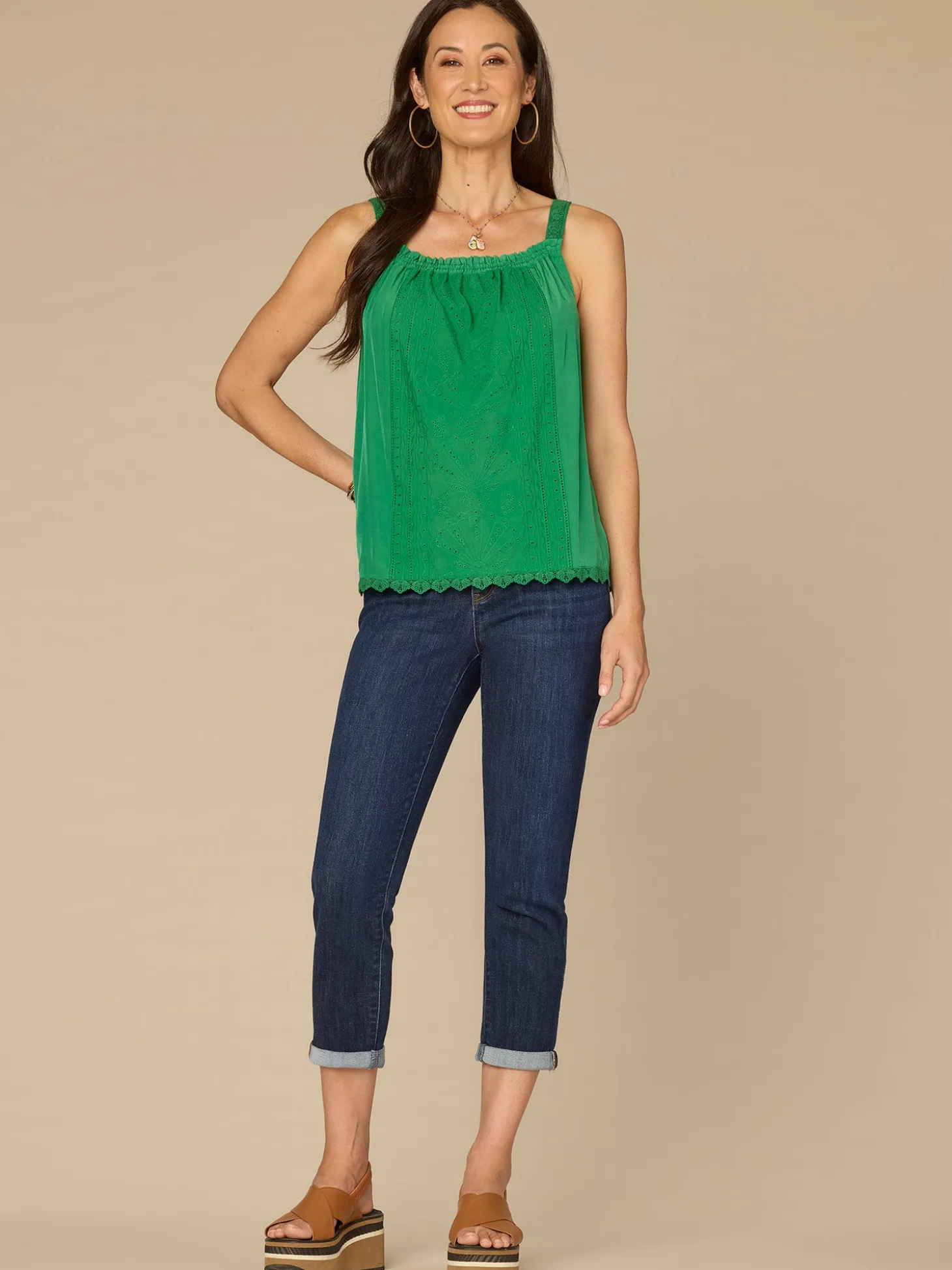 Ruched Square Neck Embroidered Front Scallop Edge Woven Tank Top