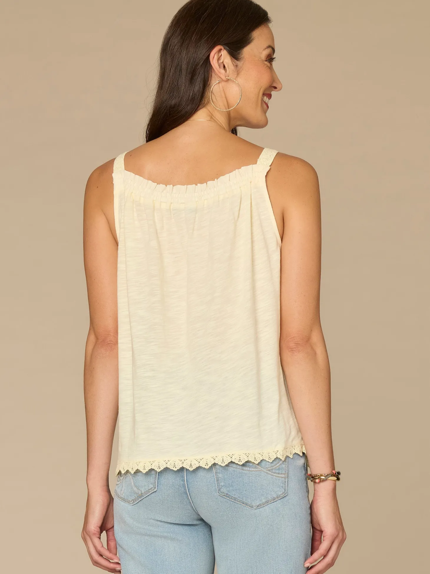 Ruched Square Neck Embroidered Front Scallop Edge Woven Tank Top