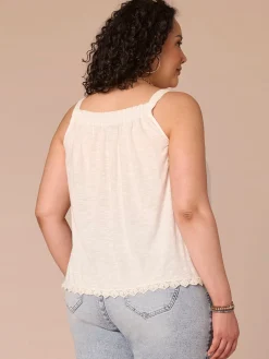 Ruched Square Neck Embroidered Scallop Edge Woven Plus Size Tank Top