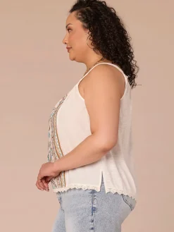 Ruched Square Neck Embroidered Scallop Edge Woven Plus Size Tank Top