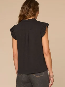 Ruffle Cap Sleeve Stand Collar Notch Neck Knit Top with Tie