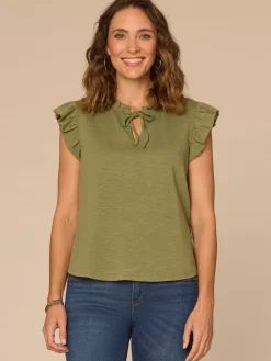 Ruffle Cap Sleeve Stand Collar Notch Neck Knit Top with Tie