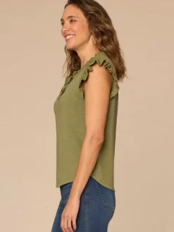 Ruffle Cap Sleeve Stand Collar Notch Neck Knit Top with Tie