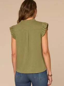 Ruffle Cap Sleeve Stand Collar Notch Neck Knit Top with Tie