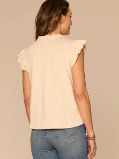 Ruffle Cap Sleeve Stand Collar Notch Neck Knit Top with Tie