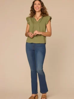 Ruffle Cap Sleeve Stand Collar Notch Neck Knit Top with Tie