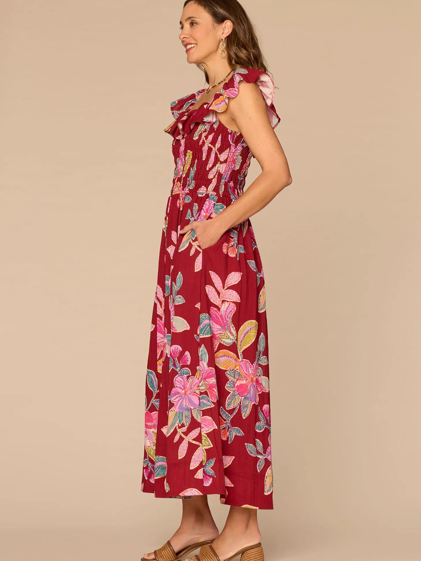 Ruffle Cap Sleeve U-Neck Smocked Waist Floral Print Petite Woven Dress