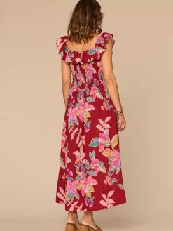 Ruffle Cap Sleeve U-Neck Smocked Waist Floral Print Petite Woven Dress