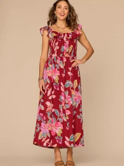 Ruffle Cap Sleeve U-Neck Smocked Waist Floral Print Petite Woven Dress