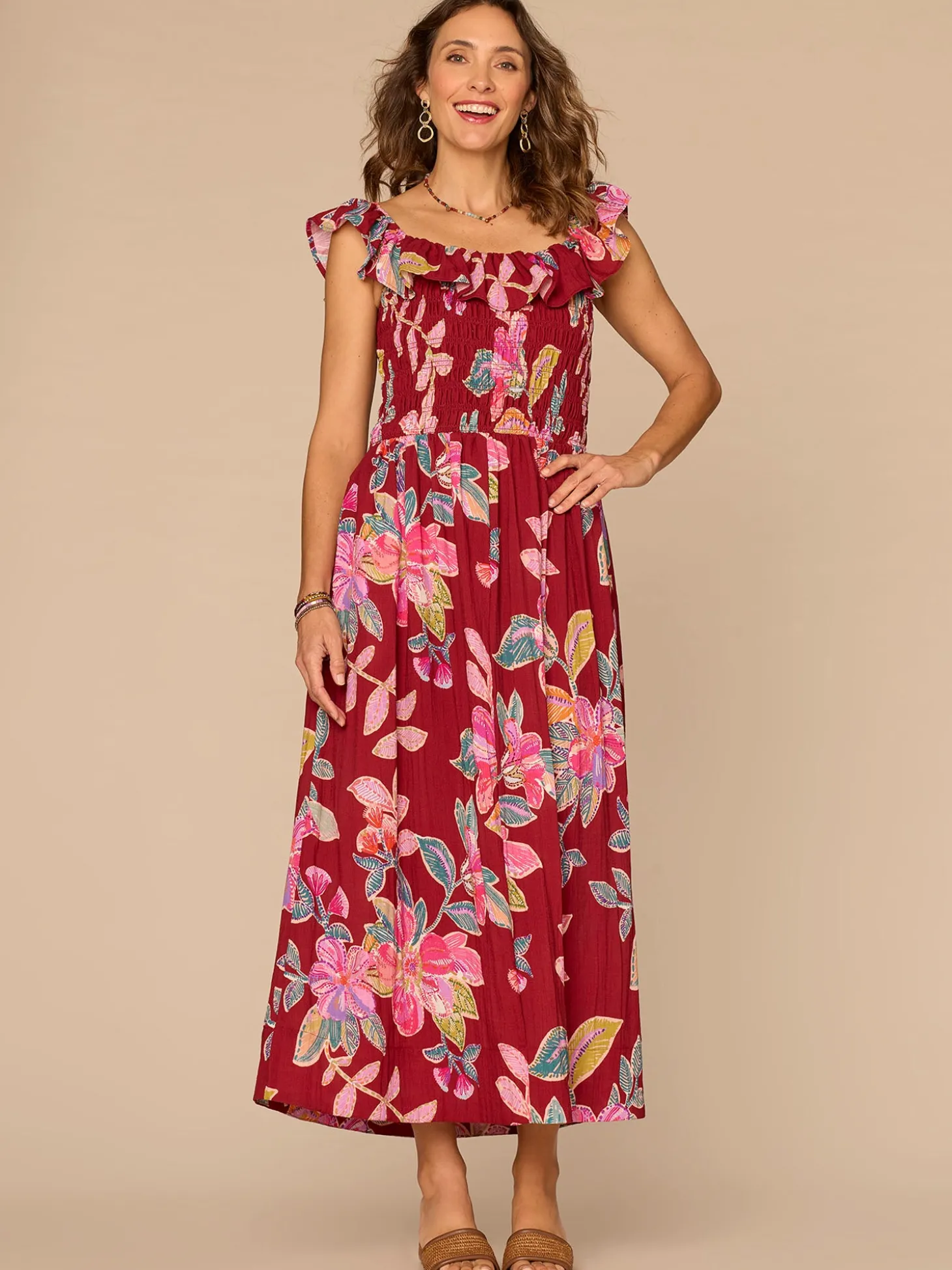 Ruffle Cap Sleeve U-Neck Smocked Waist Floral Print Petite Woven Dress