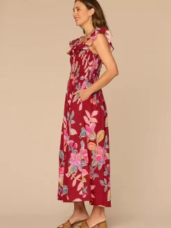 Ruffle Cap Sleeve U-Neck Smocked Waist Floral Print Woven Dress