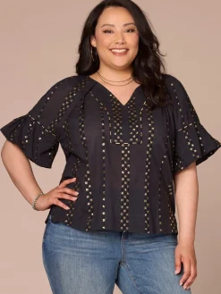 Short Banded Bubble Sleeve V-Neck Plus Size Woven Top with Embroidery