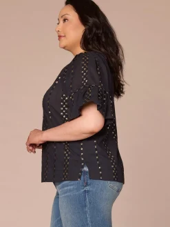 Short Banded Bubble Sleeve V-Neck Plus Size Woven Top with Embroidery