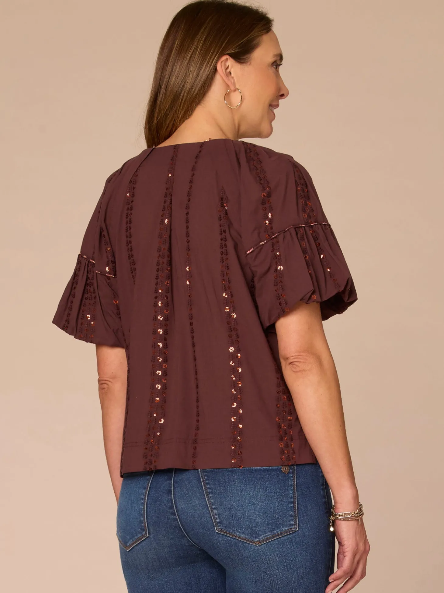 Short Banded Bubble Sleeve V-Neck Plus Size Woven Top with Embroidery