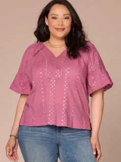 Short Banded Bubble Sleeve V-Neck Plus Size Woven Top with Embroidery
