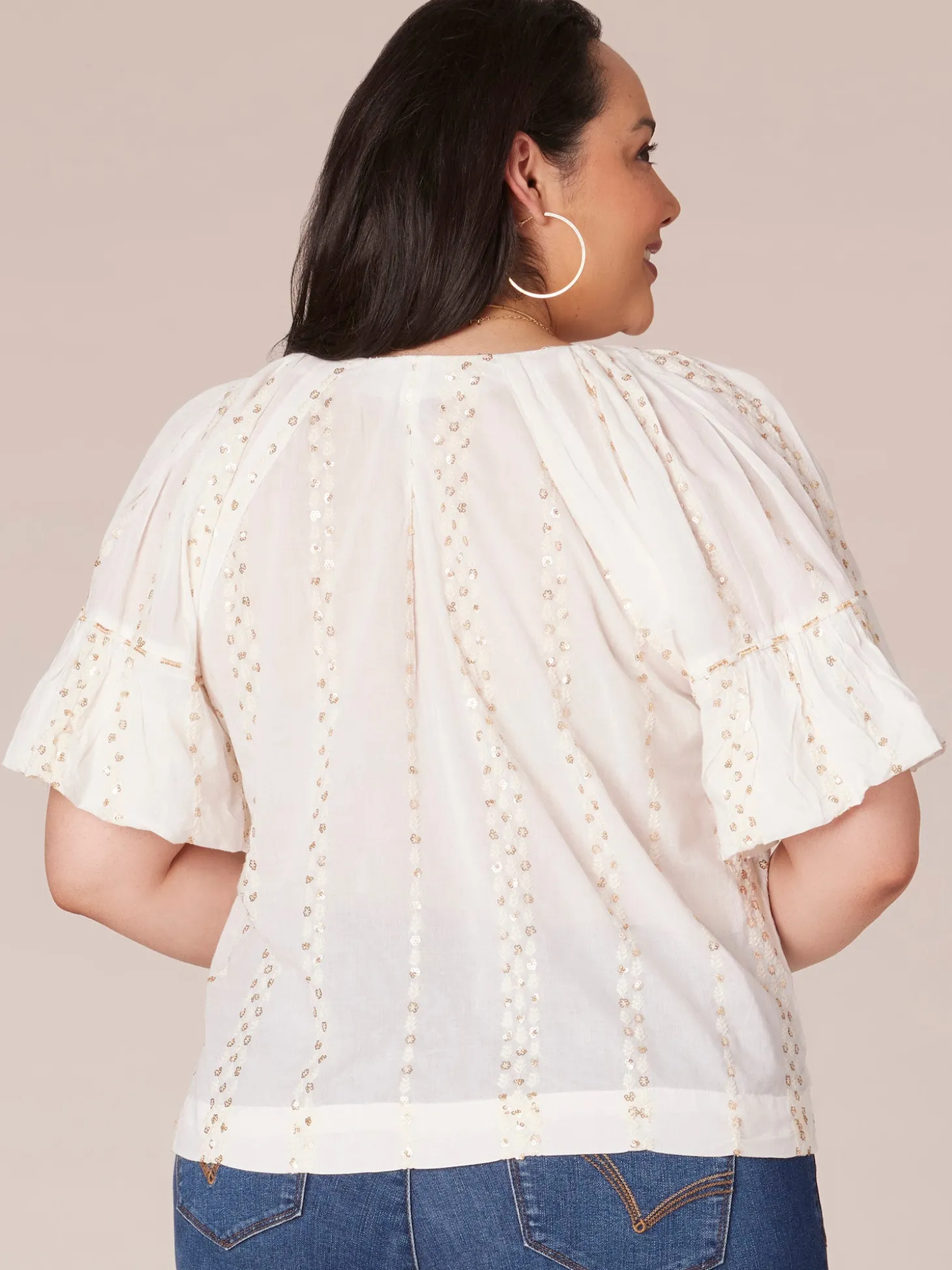 Short Banded Bubble Sleeve V-Neck Plus Size Woven Top with Embroidery