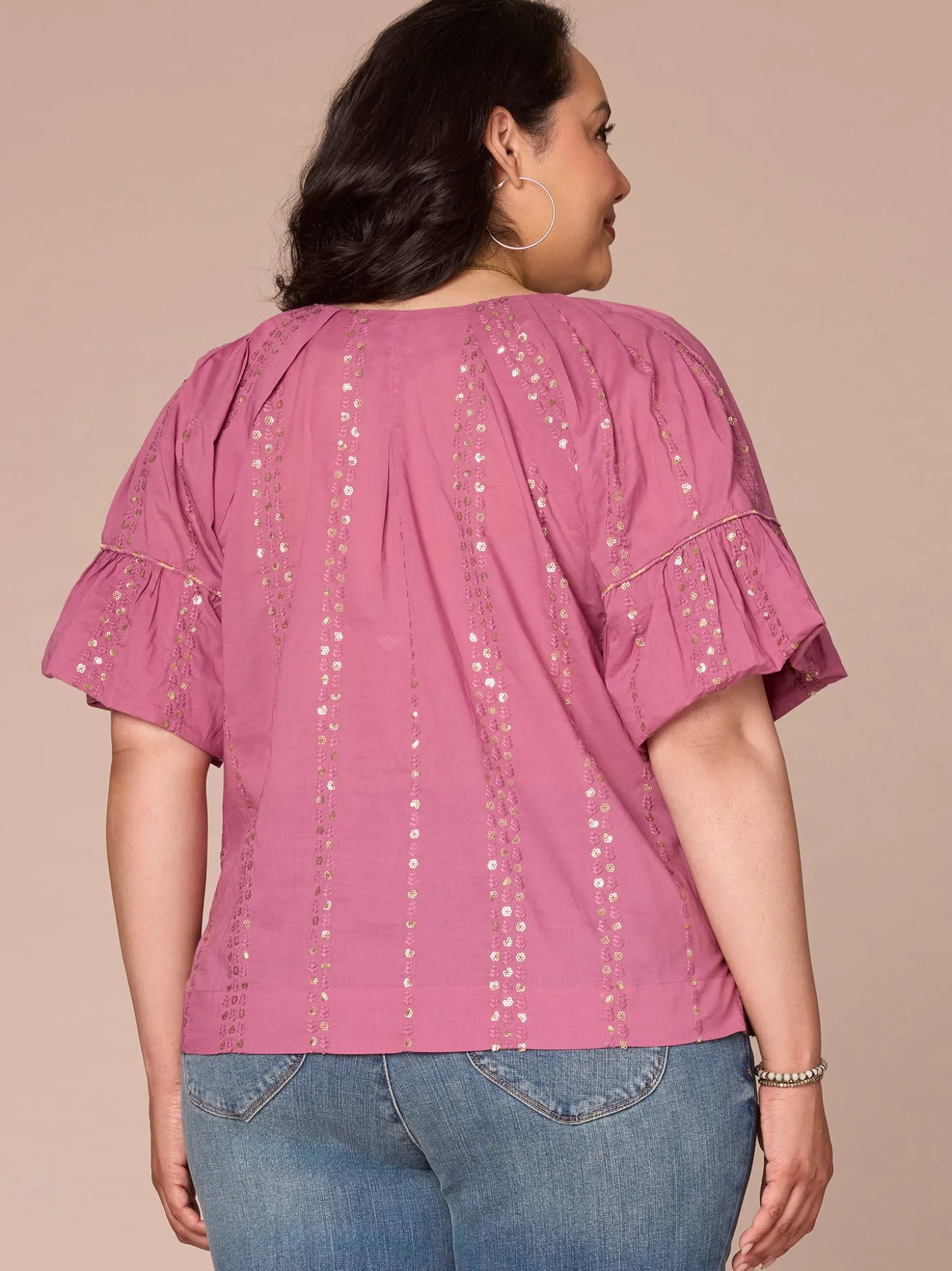 Short Banded Bubble Sleeve V-Neck Plus Size Woven Top with Embroidery