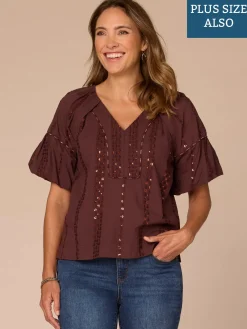 Short Banded Bubble Sleeve V-Neck Plus Size Woven Top with Embroidery