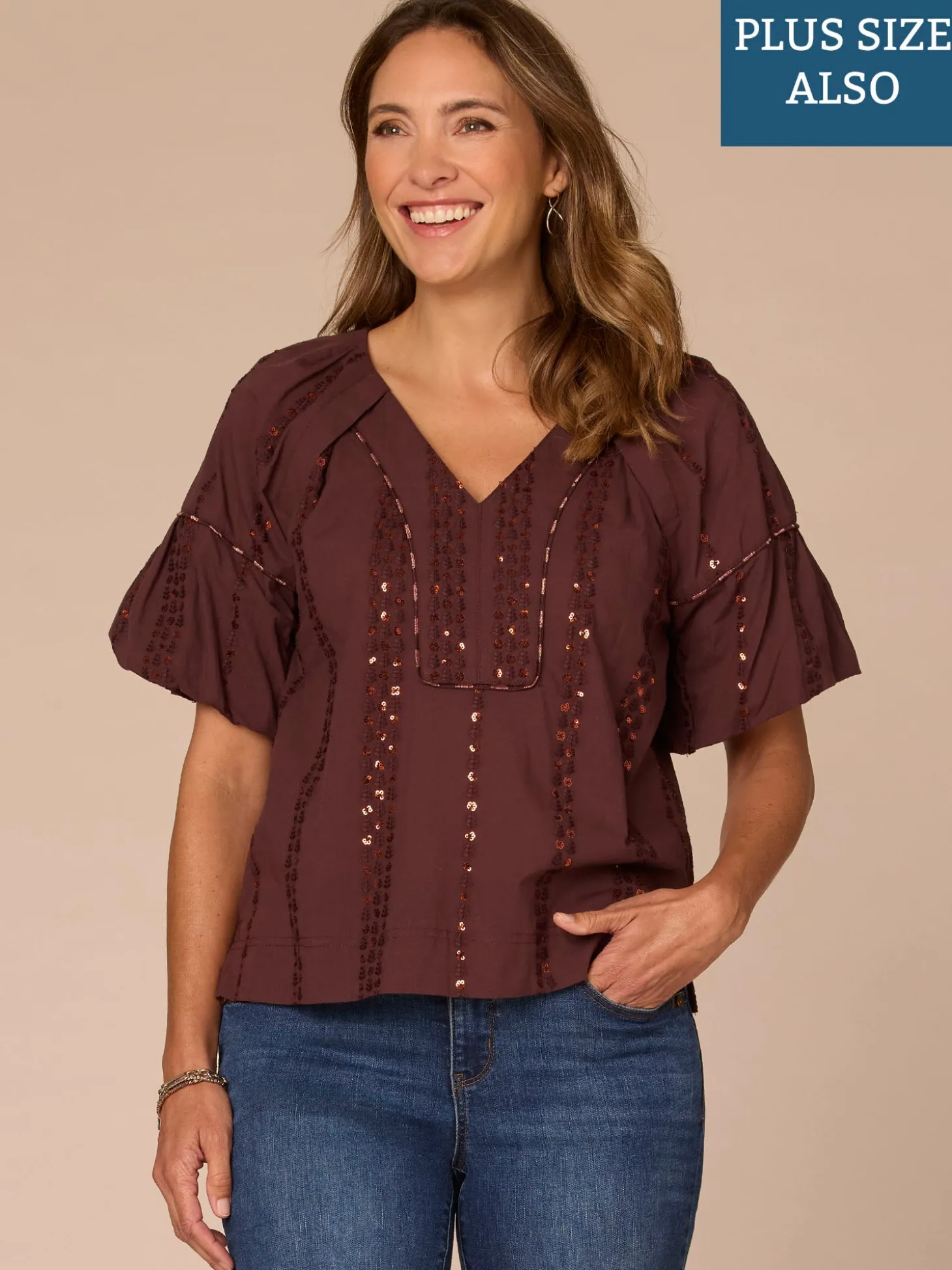 Short Banded Bubble Sleeve V-Neck Plus Size Woven Top with Embroidery