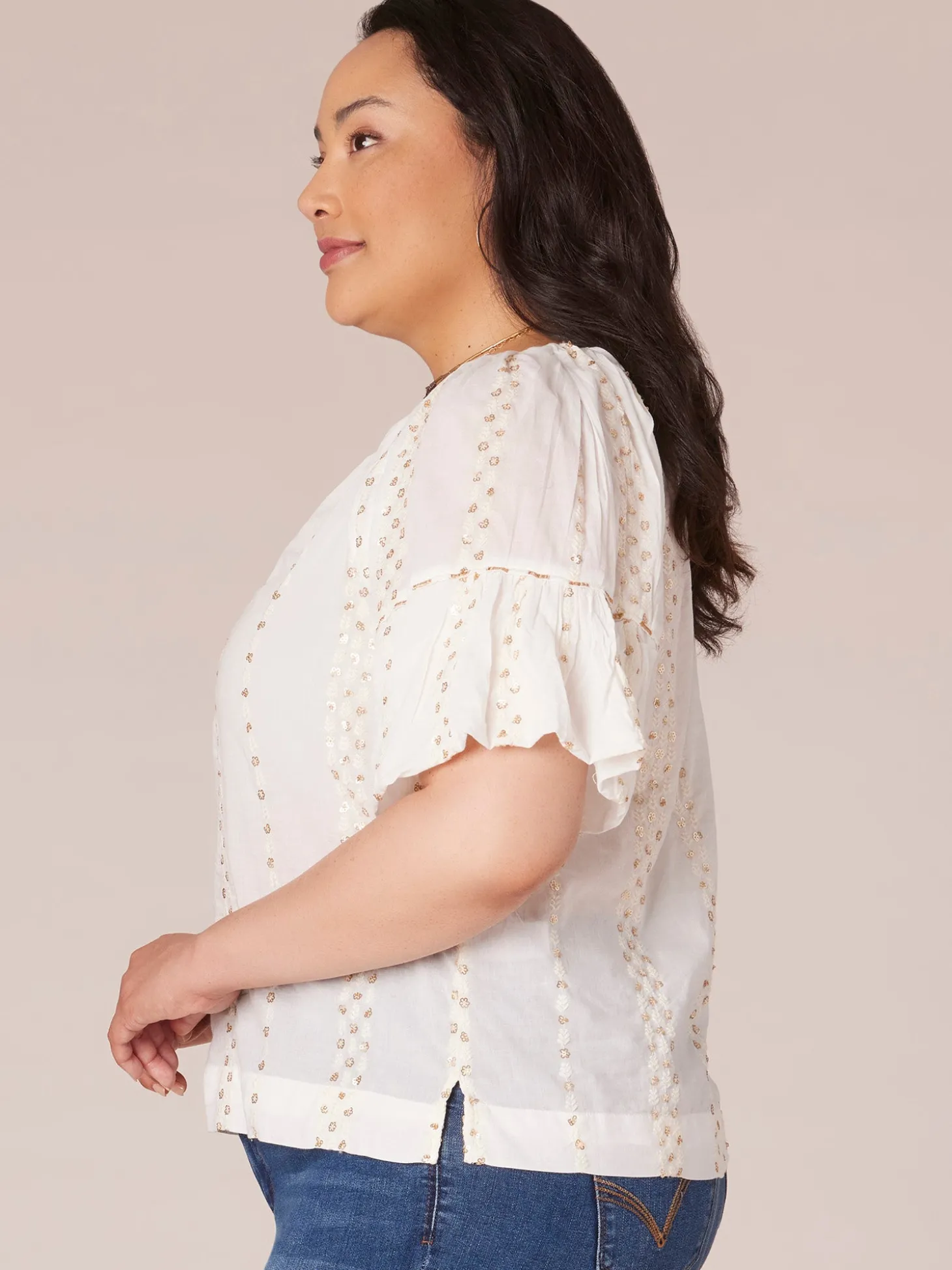 Short Banded Bubble Sleeve V-Neck Plus Size Woven Top with Embroidery