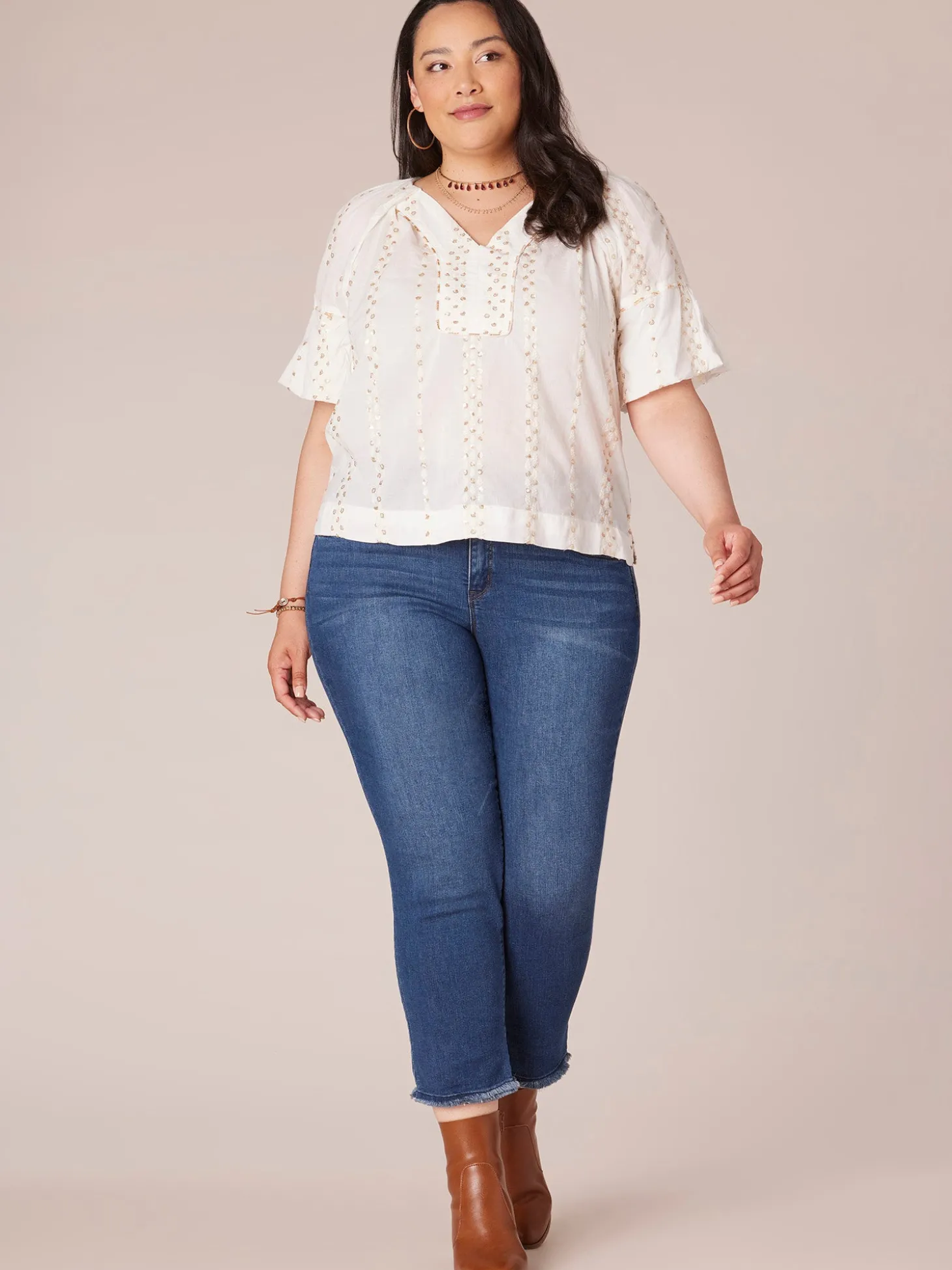 Short Banded Bubble Sleeve V-Neck Plus Size Woven Top with Embroidery