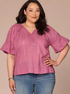 Short Banded Bubble Sleeve V-Neck Plus Size Woven Top with Embroidery