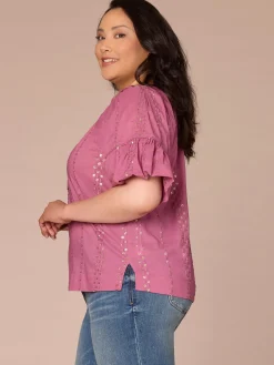 Short Banded Bubble Sleeve V-Neck Plus Size Woven Top with Embroidery