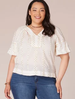 Short Banded Bubble Sleeve V-Neck Plus Size Woven Top with Embroidery