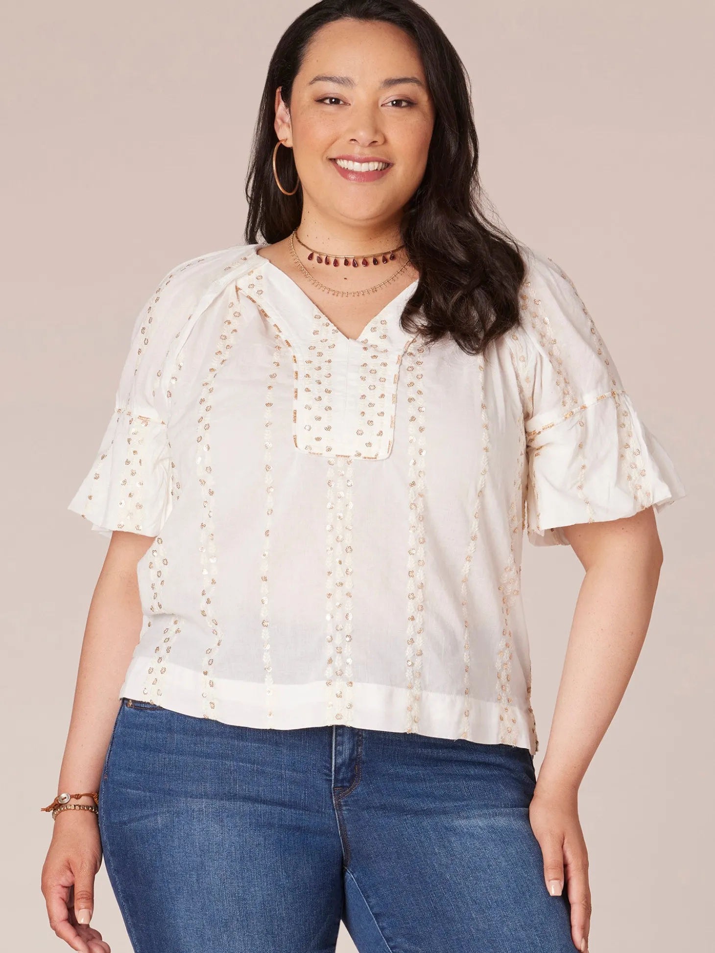 Short Banded Bubble Sleeve V-Neck Plus Size Woven Top with Embroidery
