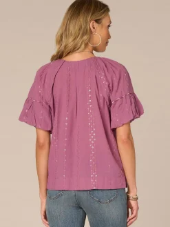 Short Bubble Sleeve Spliced V-Neck Embroidered Woven Top