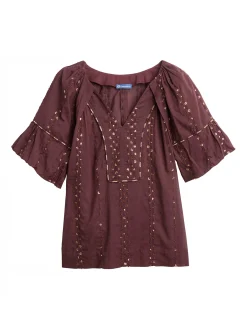 Short Bubble Sleeve Spliced V-Neck Embroidered Woven Top