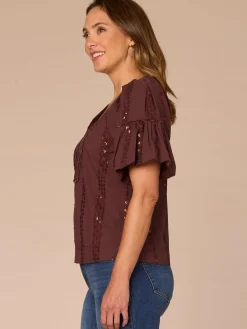 Short Bubble Sleeve Spliced V-Neck Embroidered Woven Top