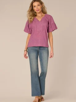 Short Bubble Sleeve Spliced V-Neck Embroidered Woven Top