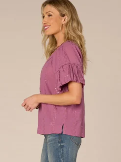 Short Bubble Sleeve Spliced V-Neck Embroidered Woven Top