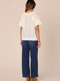 Short Bubble Sleeve Spliced V-Neck Embroidered Woven Top