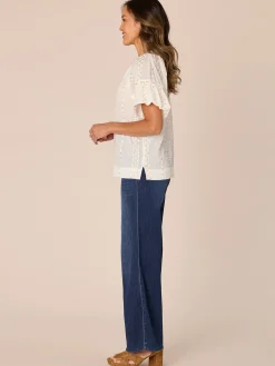 Short Bubble Sleeve Spliced V-Neck Embroidered Woven Top