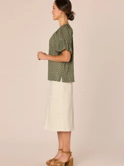 Short Bubble Sleeve Spliced V-Neck Embroidered Woven Top