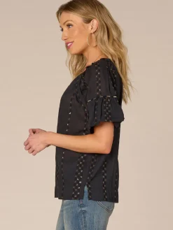 Short Bubble Sleeve Spliced V-Neck Embroidered Woven Top