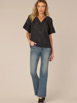 Short Bubble Sleeve Spliced V-Neck Embroidered Woven Top