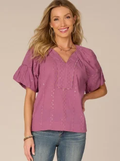 Short Bubble Sleeve Spliced V-Neck Embroidered Woven Top