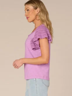Short Crochet Flutter Sleeve Scoop Neck Knit Top